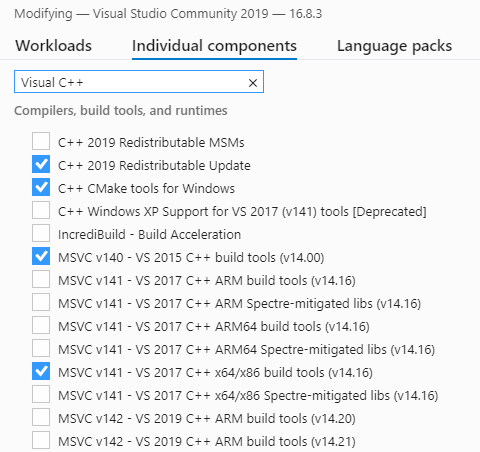 The MSVC build tools available: v140, v141, v142.